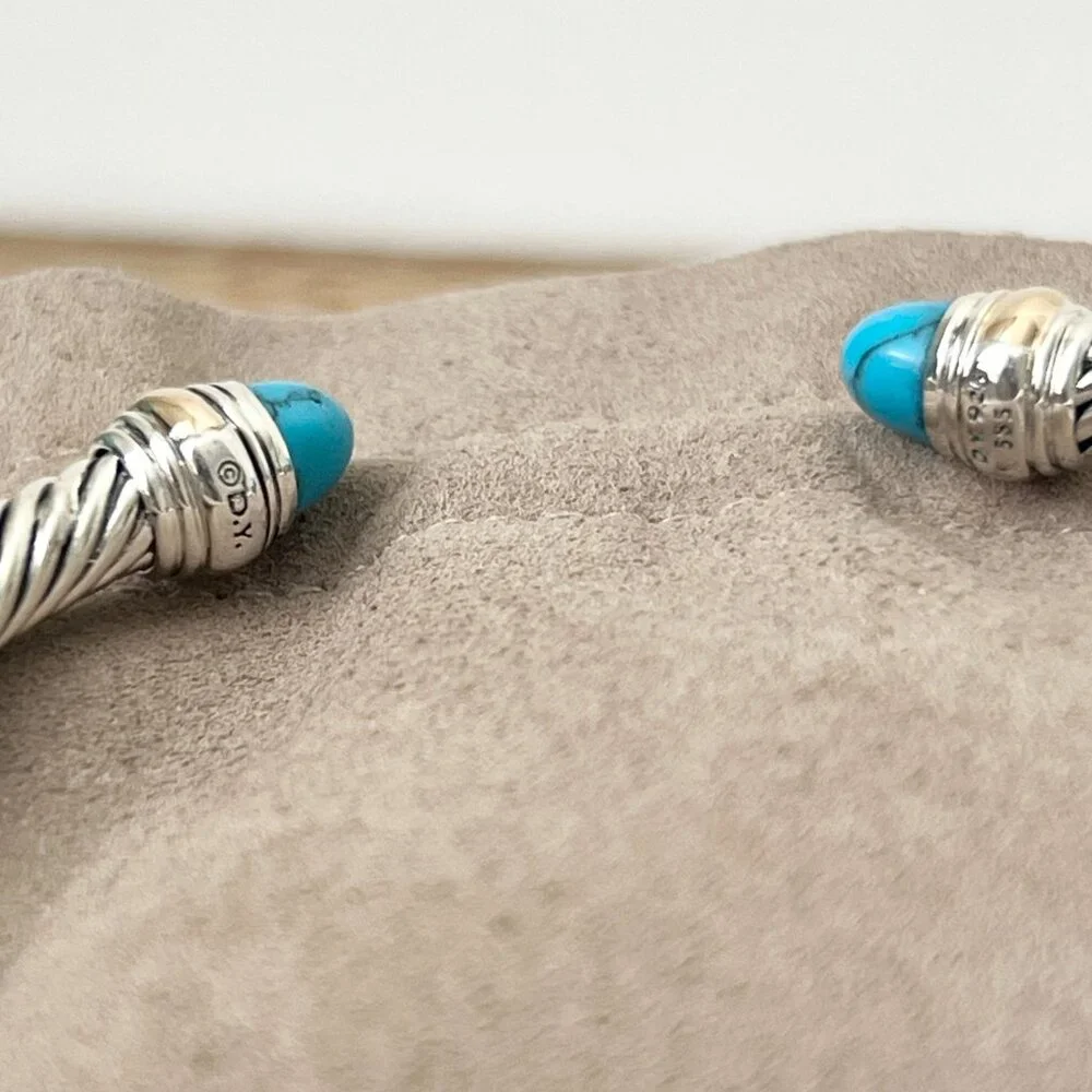 Sterling Silver with Gold 5mm Turquoise Cable Cuff Bangle Bracelet With 14K Gold - Picture 3 of 5